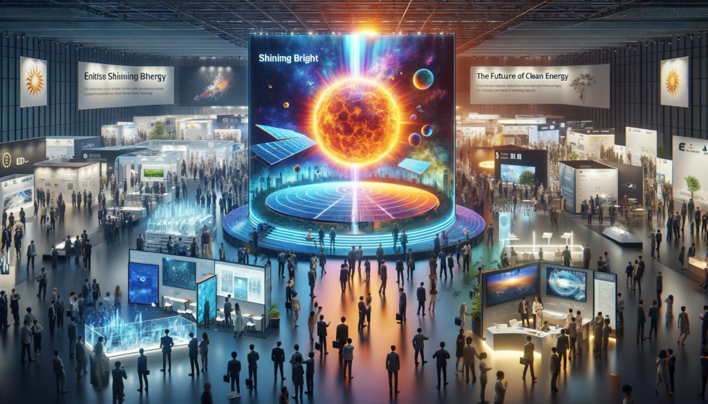 A bustling solar power conference with attendees exploring interactive displays of advanced solar technologies. A holographic sun with orbiting solar panels is featured in the center.