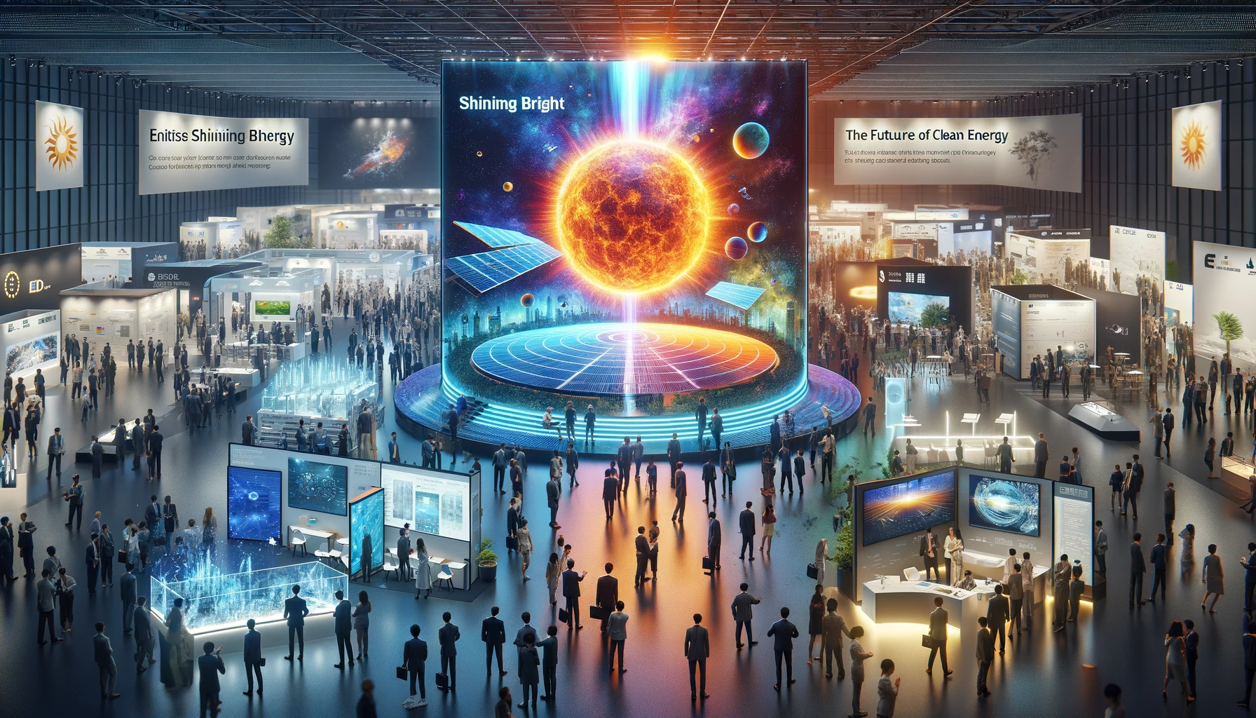 A bustling solar power conference with attendees exploring interactive displays of advanced solar technologies. A holographic sun with orbiting solar panels is featured in the center.
